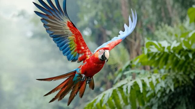 Macaw mid-flight through tropical foliage with wings fully spread. 