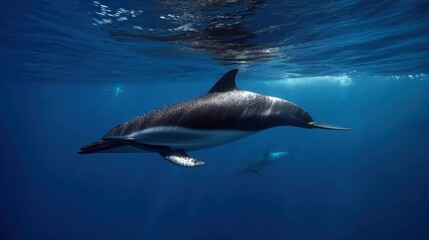 Fototapeta premium Dolphin Grace: Underwater Aquatic Mammal in Ocean Sunlight