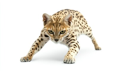 Obraz premium Serval cat crouching, white background, wildlife