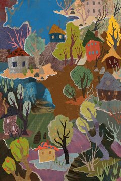 Collage with houses and trees