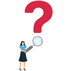 Curious businesswoman with large question mark peer through binocular searching for new business ideas