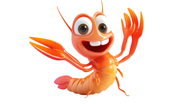 Cheerful 3D Cartoon Shrimp in Colorful Style Isolated on White Background for Fun Seafood, Character, and Animation Design Projects