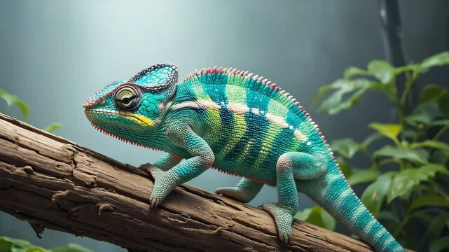 Chameleon clinging to branch with one eye focused forward