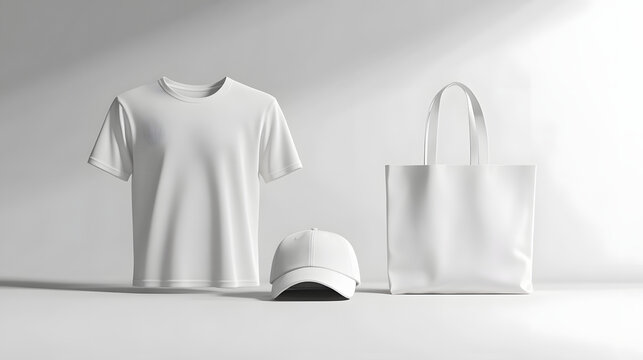 White tshirt cap and tote bag mockup display