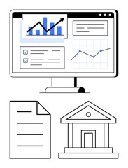 Computer monitor with growth charts and analytics, document, and structure symbolizing banking. Ideal for finance, business analysis, banking, investment, management economy technology. Flat simple