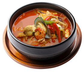 Spicy Korean Seafood Jjamppong Soup in Stone Bowl