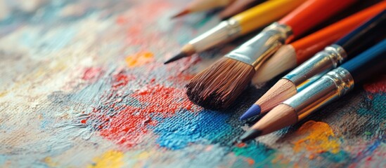 Obraz premium Colorful art supplies resting on a vibrant artist's palette.