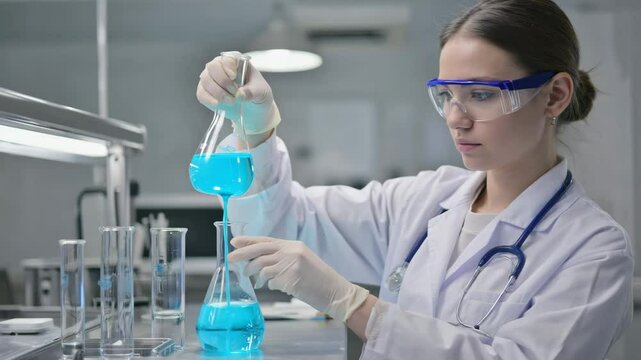 Young scientist wearing safety goggles pouring chemical into beaker in modern laboratory. Clean background, white coat, glowing blue reaction.

