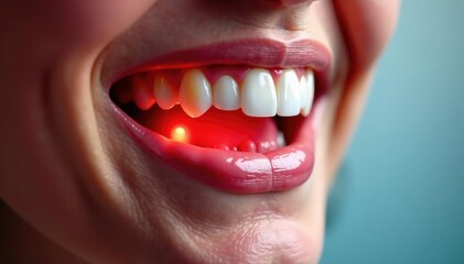 Close-up of aching molar, inflamed gum visible , dentistry, oral hygiene