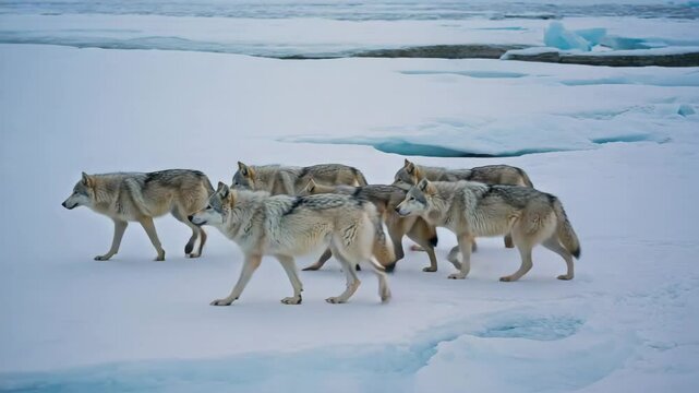 Arctic wolves walking in a tight group across frozen tundra under pale sky. Cold tones, pack behavior, survival mood.

