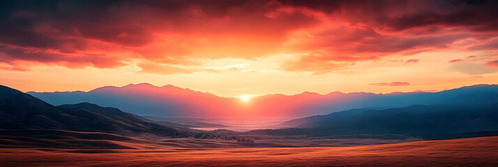 Fototapeta premium A stunning sunset over a serene landscape featuring mountains, casting warm hues across the sky and reflecting on the tranquil terrain below.