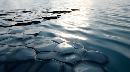 Vivid, surreal floating shapes blend harmoniously over shimmering waters, blending modern art with natural beauty.