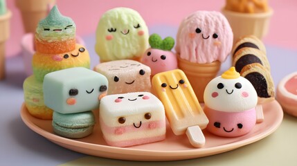 Pastel Korean summer dessert with cheerful cakes, mochi, and ice cream.