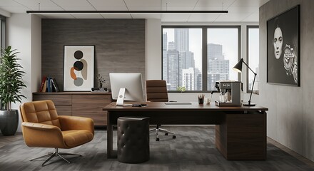 Fototapeta premium A sophisticated office boasts a large desk, leather chair, modern art, and a stunning cityscape visible through expansive windows.