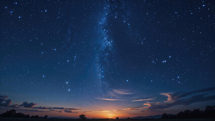 山の向こうに見える星空と天の川、夜景