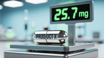 Pharma capsule on digital scale showing precise dosage in mg for production line quality control in pharmaceutical manufacturing environment