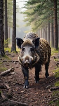 Wild boar emerging from dense forest into sunlit clearing. Textured fur, earthy tones, cautious curiosity.

