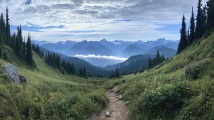 Fototapeta premium Majestic Mountain Vista: A Serene Hike Through Alpine Meadows