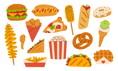 Fast food set. French fries, hamburger, hot dog, popcorn, shawarma, chips, pizza, donut etc. Vector illustration of takeaway street food. Hand drawn illustration flat doodle style for menu ,banner
