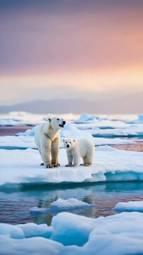 Polar bear mother and cub walking along icy shore under glowing sky. Soft bond, frozen wilderness, pastel light.

