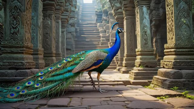 Peacock walking through ancient temple ruins with tail slightly open. Regal movement, cultural background, vivid contrast.

