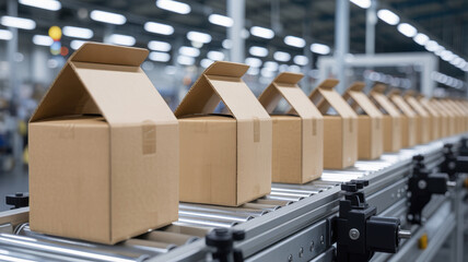 Pharma production line with cardboard boxes moving on conveyor belt in factory environment for packaging process