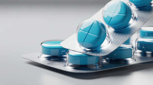 Blue pill blister pack on pharma production line with close up of tablets in packaging for medical use