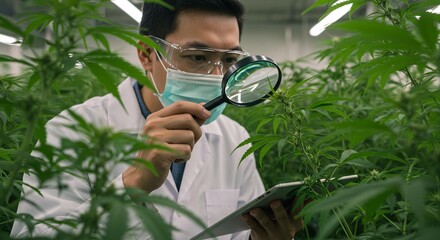Cannabis Researcher in Protective Gear Examining Marijuana Plants with Magnifying Glass and Tablet