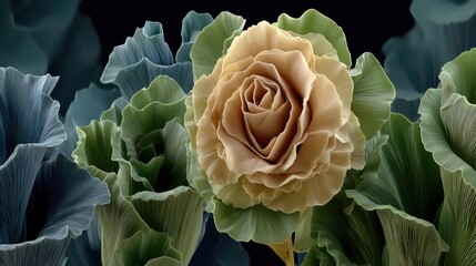 Beige Rose and Blue Green Flowers in Dark Background