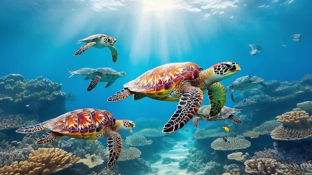 Sea turtles swimming through coral reef lit by sun rays from above. Underwater clarity, vibrant marine life, peaceful gliding.


