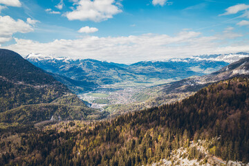 Sightseeing tour of the green lake of Passy and Chamonix, Mont Blanc, drone view, in Haute-Savoie, France