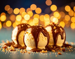 ice cream balls on a flat surface dark colored drizzled with chocolate bokeh background