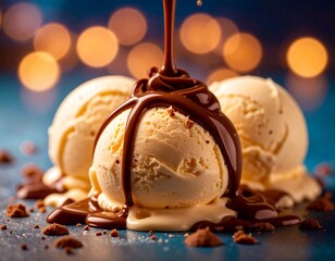 ice cream balls on a flat surface dark colored drizzled with chocolate bokeh background