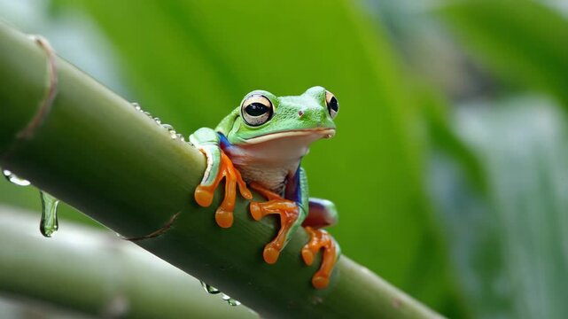 Tree frog clinging to branch in rainforest with water droplets glistening on leaves. Macro environment, vibrant greens, calm perch.

