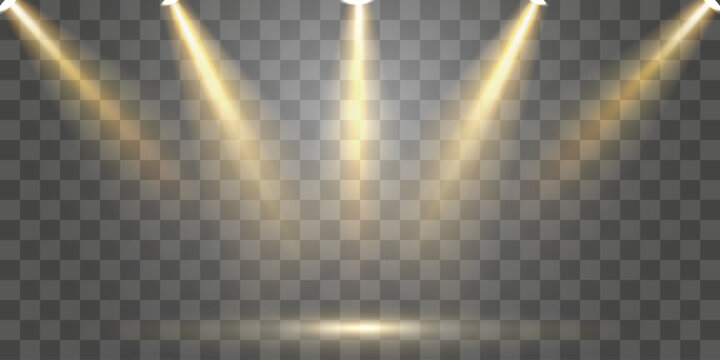 Vector spotlights png, studio lighting, light beams and transparent light effect. Golden light source. Bright lighting with spotlights. Vector isolated on transparent background.
