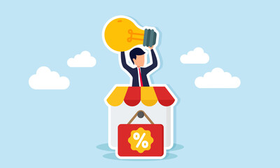 Businessman holding a lamp emerging from behind a store with a percentage label tag, illustration of IDR to run a sales promotion strategy