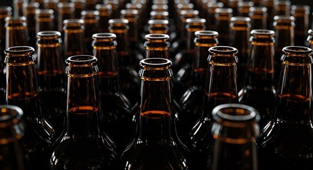 Close-up of Numerous Dark Brown Beer Bottles in a Row, Illuminated with Warm Light, Dark Background, Bottling Plant, Beverage Industry