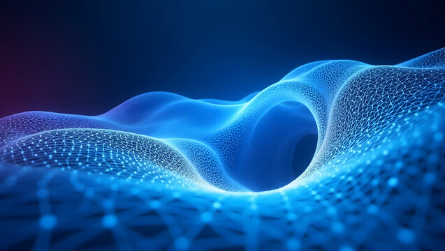 A mesmerizing journey through a stunning abstract wormhole tunnel filled with glowing blue and intricate geometric patterns in a cosmic backdrop