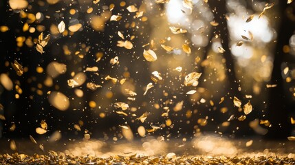 Naklejka premium Falling Golden Autumn Leaves in a Blurred Forest