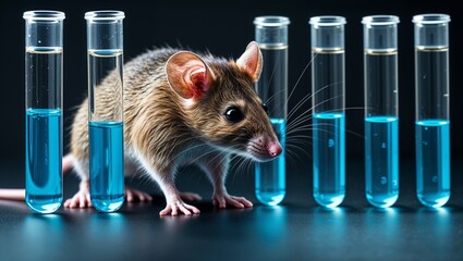 A cute, small, white hamster, a furry rodent, is isolated in a glass in a laboratory setting