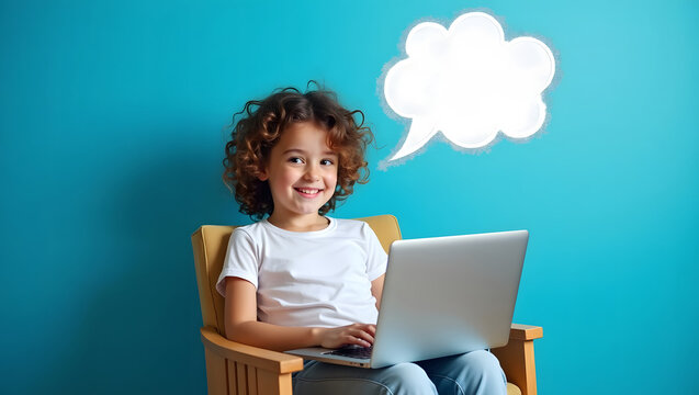 A young girl with curly hair sits in a chair, joyfully typing on her laptop, surrounded by a vibrant blue wall, expressing creativity and engagement.