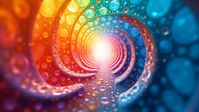 Experience the captivating allure of a vibrant, colorful tunnel that spirals into an endless journey towards a bright, radiant light at the core of its mesmerizing beauty.