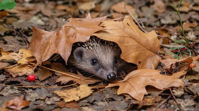 Hedgehog hiding beneath autumn leaves with only nose visible. Forest floor detail, cozy composition, playful mystery.

