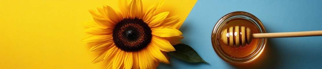 Obraz premium Sunflower and honey jar on yellow-blue background. Food photography for recipes, blogs