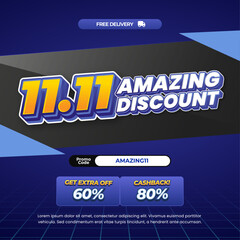 11.11 Amazing Shopping day Sale discount deals Editable text with Deep Blue gradient Pop up style Marketing Promo banner template vector