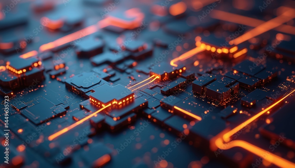 Poster futuristic 3d data visualization model of computer hardware with dynamic, glowing orange light eleme