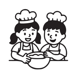 Hand Drawn Black and White Icon Set of Kids Cooking with Parents