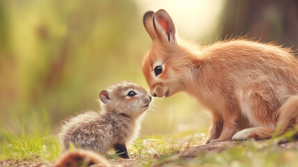 Fototapeta premium Adorable baby rabbit connects with parent in nature. Cute animal bonding, capturing a sweet moment of wildlife or domestic bliss in springtime.
