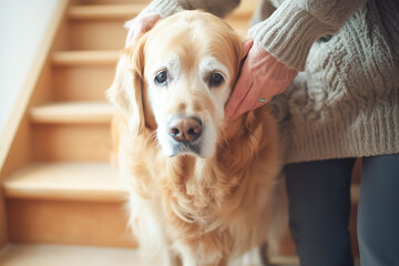 A gentle golden retriever sitting on outdoor steps, lovingly held by its owner. Warm tones, soft focus, and expressive eyes create a heartfelt moment of companionship and affection.