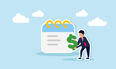 Businessman carrying a dollar sign next to a book note, illustration of recording business cash flow